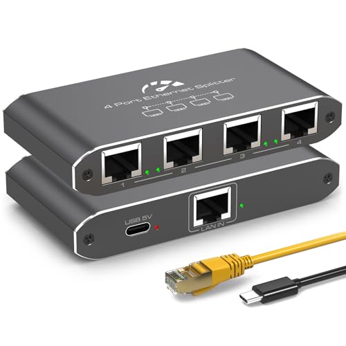 ATLAHET Ethernet Splitter 1 to 4 1000Mbps High Speed Internet Splitter, Gigabit Network Splitter with an Ethernet Cable and a USB Power Cable, 1 in 4 Out LAN RJ45 Splitter Work with Cat 6/7/8 Cable