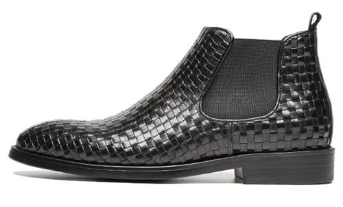 Santimon Mens Chelsea Boots Leather Woven Slip on Dress Boots for Men Ankle Casual Boots Black Brown2