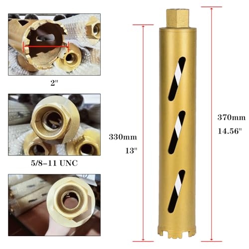 2" Dry Core Drill Bits for Cured Concrete with Rebar Brick Block Masonry etc 13in/330mm Drilling Depth，10mm Diamond Segment Height，2 Adapters