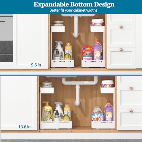 REALINN Organizador Expandible Bajo Fregadero, Organizador de 2 Niveles con Altura Ajustable, Estante Extraíble para Cocina, Baño y Lavandería, Blanco, 1 Unidad miniatura 3