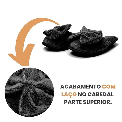 Pantufa Feminina Com Laço Peluciado Sola Ante Derrapante 27 até 46 Preta (37/38, Preto)