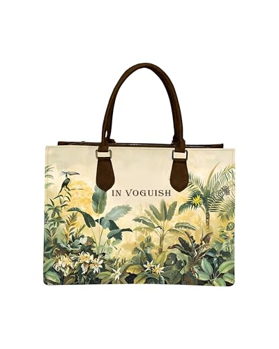 Image of Customized Canvas Tote Bag for Women with Vegan Suede - Custom Name Large Laptop Handbag (Fits 15 inch) - Eco-Friendly Tropical Print Shoulder Bag with Zipper Pockets - 16 inch inch Office & Travel bag