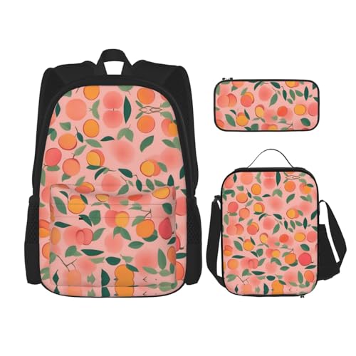 Pink Peach Pattern Seamless Pattern Print 3 Piece Set Backpack, Lunch Bag, Pencil Case, Cute Sturdy For College And Travel