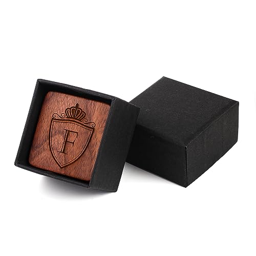 Image of Mens Initial Silver Cufflinks A-Z Alphabet Letter Steel Cuff Links with Engraved Walnut Wood Box Groom Groomsman Wedding Set