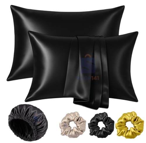 Image of Satin Silk Pillow Cover for Hair and Skin 2 Piece with 3 Piece Satin Silk Scrunchies | 1 Silk Hair Band Free Solid Pillow Covers with Envelope Closure (Rose Taupe) (Black + Cap)