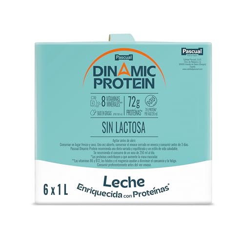 Dinamic Protein - Leche Sin Lactosa, con 72 g de Proteína, Bajo en Grasas, Sin Gluten - Pack 6 Brik x 1L