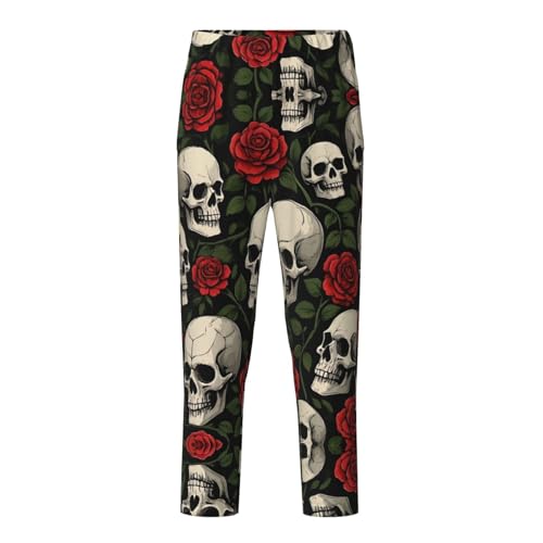 Pajama Pants Pajama Bottoms with Elastic Waistband Sleepwear Lounge PantsSkull Rose Flowers Print