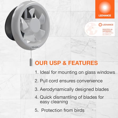 Image of LEDVANCE Round Exhaust Fan 6 inch (150 mm) | Suitable for Kitchen, Bathroom & Washroom | Protection from Birds | Pull Cord Ensures Convenience | 100% Copper Motor | Round Shape | 2 Year Warranty