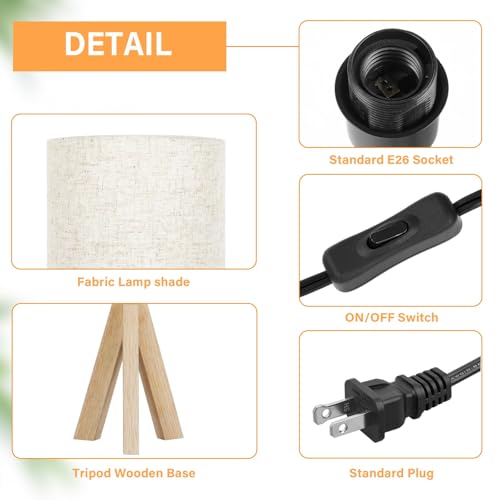 image for Brightever Small Table Lamp, Wooden Tripod Nightstand Lamp with Linen 
