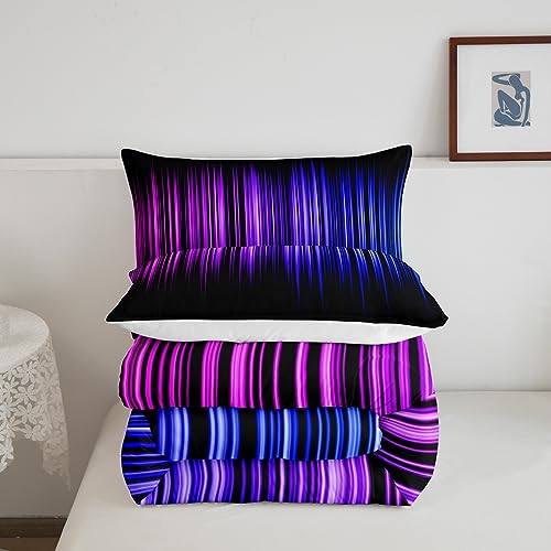 Image of Feelyou Geometric Abstract Ombre Comforter Set Queen Size, Purple Blue and Black Bedding Set for Boys Girls Ombre Gradient Lines Comforter Abstract Duvet Set Kids Room Decor Microfiber Bed Set