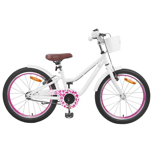 Runheo Bicicleta infantil con ruedas estabilizadoras de 18 pulgadas para 5-7 años de edad, marco de acero blanco, asiento ajustable y manillar con freno, cómodo sillín y guardabarros para una