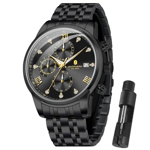 SAPPHERO Round Stainless Steel Watch for Men, 50M Waterproof Luminous Stylish Mens Gift Wristwatch with Date Display and Analog Quartz Design