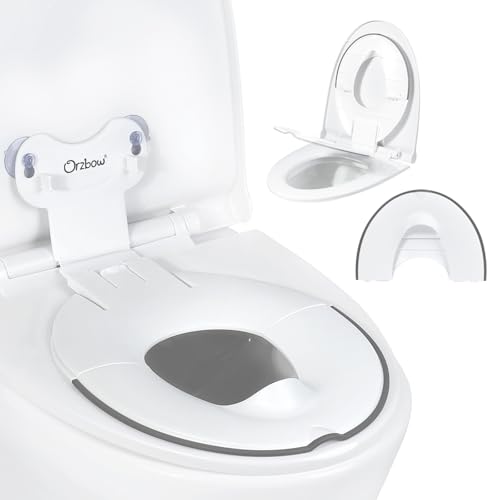 Orzbow Foldable Toddler Toilet Seat, Portable Toilet Training Seats with Urine Barrier, Universal Family Toilet Seat with Suction Cup, Adjustable Length, Easy to Install, Adult-Like Design, White