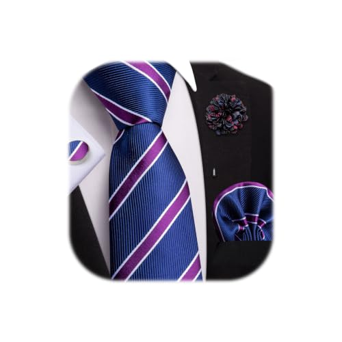 Image of Dubulle Mens Tie and Lapel Pin Paisley Striped Floral Necktie for Men Pocket Square Cufflinks 4PCS Set Wedding Party