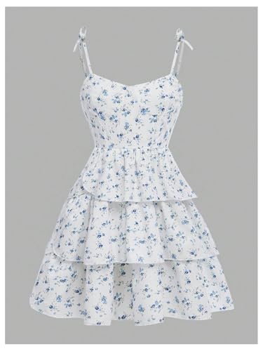 Verdusa Girl's Floral Layered Ruffle Short Cami Dress Bow Spaghetti Strap Holiday Dress3