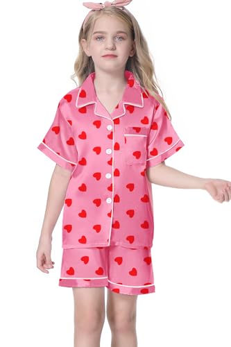 Image of Umeyda Women & Girls Pajamas Set, Soft Satin Lightweight Silk Button-Down Top with Shorts 2 Piece PJS for Mom Boys Kids Gifts