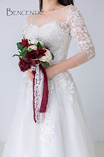 Bencentre 7" Burgundy Artificial Flowers Wedding Bouquet For Bridesmaid Bouquet, Set Of 4 - Tossing Rustic Bouquet, Marriage Proposal Party And Vintage Wedding Ceremony Anniversary (Burgundy) #TOP3