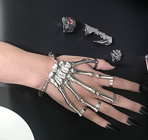 Image of LAKIYOYO 4pcs Halloween Skull Skeleton Hand Bracelet with Ring Punk Wristband Skull Fingers Hand Bracelet Skeleton Ring Hallowmas Gifts Jewelry