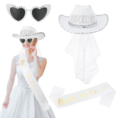Meng Jiaran Bride Cowboy Hat with Veil Sash Sunglasses Set