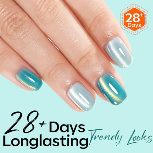 Image of modelones 9D Magnetic Cat Eye Gel Nail Polish Green Holographic Mint Blue Golden Shimmer, 15ML UV LED Soak Off Gel Nail Art Manicure 15ML