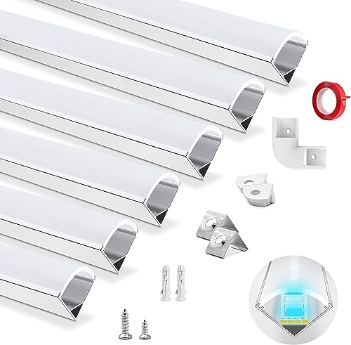 HOMMAND Tira LED, 6 Pack 1m Perfil de Aluminio Forma de V, Canal y Difusor, con Conector de Esquina, Adhesivo, Tapas finales, Clips de Montaje