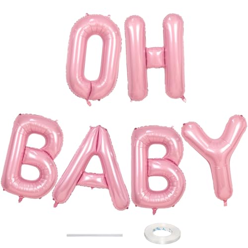 Image of 40 Inch Pastel Pink OH BABY Balloon for Baby Shower, Large Light Pink OH BABY Balloon Letters with Ribbon, Pearl Pink Alphabet Balloons Banner Sign for Girl Birthday Party Backdrop Decorations