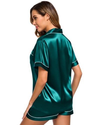 Image of SWOMOG Womens Silk Satin Pajamas Set Short Sleeve Sleepwear Button Down Top and Shorts Loungewear 2 Piece Pjs Set XS-3XL