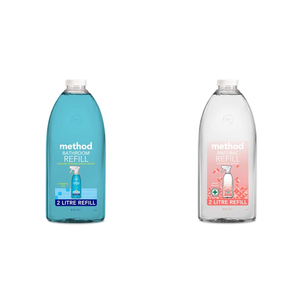 Method Bathroom Cleaner Refill, Eucalyptus Mint, 2 L & Antibacterial Spray Refill, All Purpose Cleaner, Peach Blossom, 2L