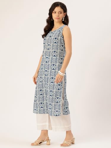 Image of feranoid Women's Pure Cotton Floral Print Straight Kurti | Elegant Curved V-Neck | Sleeveless Calf-Length Ethnic Wear | Comfortable Regular Fit | Sizes XS-XXL