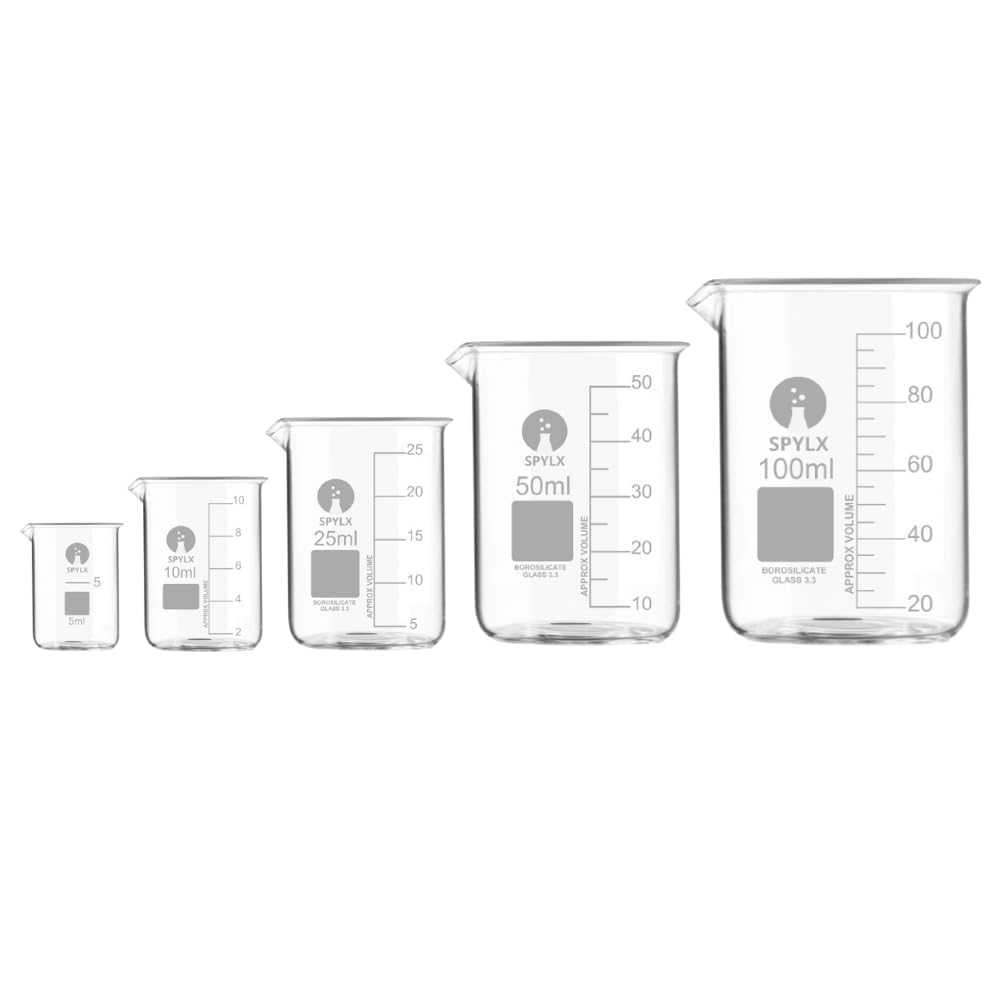 SPYLX Borosilicate Glass Beaker 5ml, 10ml, 25ml, 50ml, 100ml Suitable glass beakers for chemistry science lab experiments.