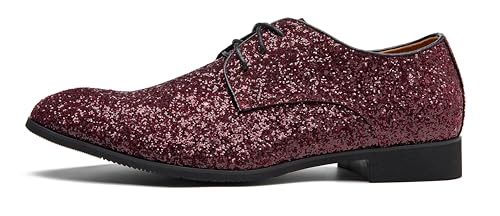 Image of Men's Glitter Oxford Dress Shoes Loafer Burgundy, Lace-up Design,Sparkly Glitter Encrusted for Wedding Prom Black Golden Silver Wine red
