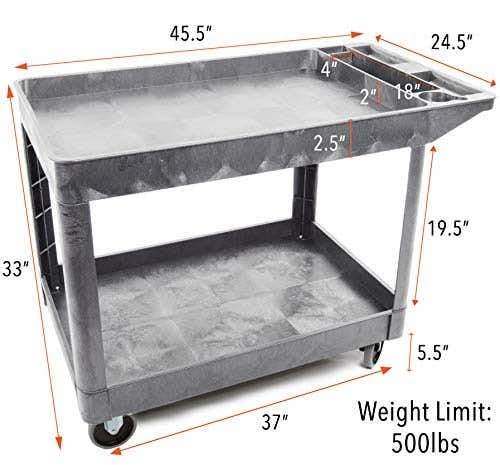 Tubstr Extra Large Two-Shelf Utility Cart with Wheels | 500 lb. Capacity Rolling Utility & Tool Cart for Warehouses, Industrial Settings, Auto Garages, & More (Gray, 45.5 x 24.5)