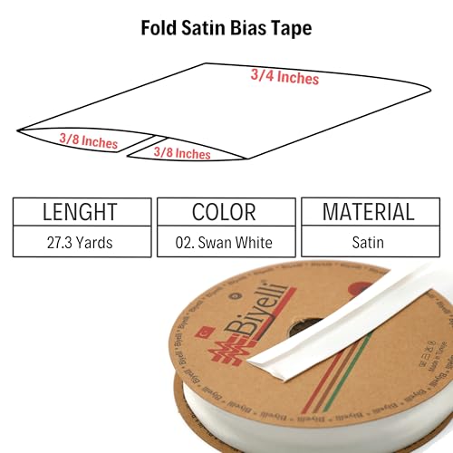 Image of Fold Satin Bias Tape - 99+ Colors - 3 /4 Inches Wide - 27 Yards - Fold Satin Binding Bias Ribbon Fabric Piping Bias Binding Tape for Sewing Clothing DIY (02. Swan White) BYS02