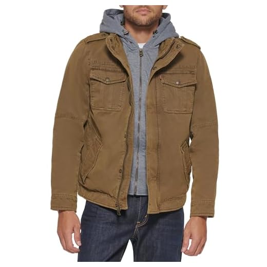 Levi's Jaqueta militar masculina de algodão lavado com capuz, Forro cáqui/sherpa, PP