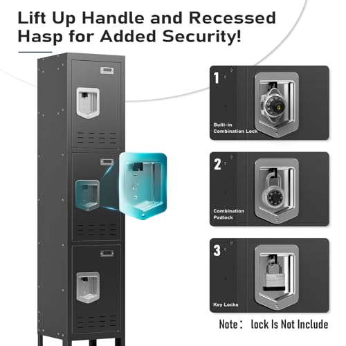 SAPITAL Metal Locker with 3 Doors Employees Locker, Metal Storage Locker with Hooks, 66\" Storage Cabinet Lockers for Employees, Home, Office, Gym Requires Assembly (Black)