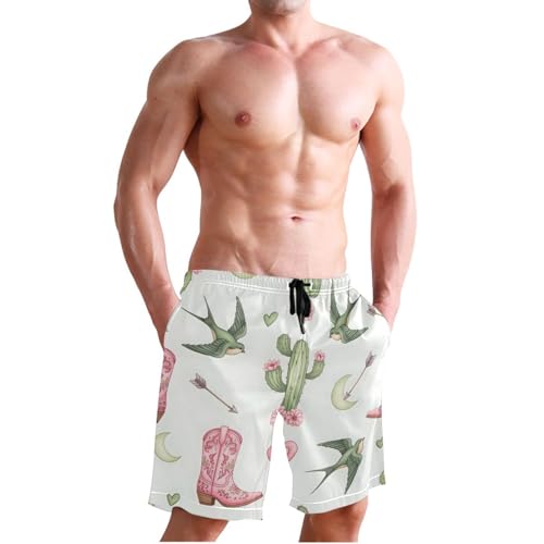Men's Swim Trunks Quick Dry Swimming Shorts with Pocket Cactus Birds Boots Hearts Swimsuit Trunks3