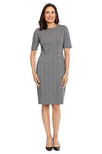 London Times Women's Dresses Short Sleeve Knee Length Crew Neck Button Side Career Polished Sheath Dress Black/White