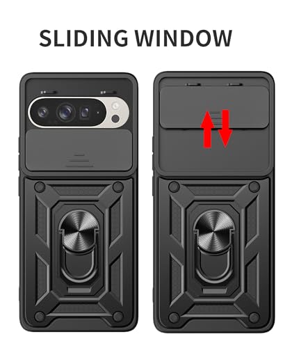 Image of Spazy Case Google Pixel 9 /9 Pro Back Cover | Heavy Duty Hybrid Case with 360 Degree Rotating Finger Ring Holder + Slider Shutter Camera Protection Case for Google Pixel 9 5G / 9 Pro 5G- Rose Gold