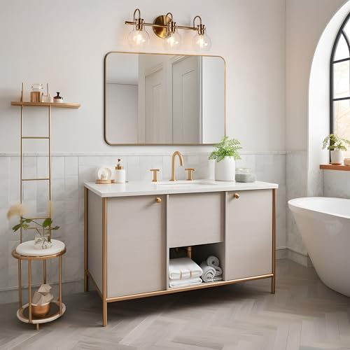 Image of KSANA Bathroom Vanity Light, 3-Light Gold Bathroom Light Fixtures, Electroplated Copper Modern Vanity Lights for Bathroom with Globe Clear Glass Shades