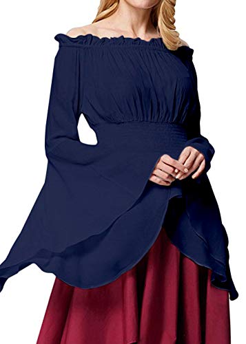 Womens Renaissance Blouse Off Shoulder Trumpet Sleeve Peasant Tops Medieval Victorian Costume (S, Navy)