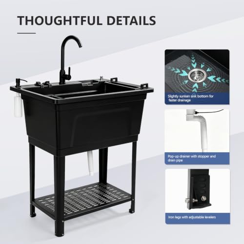Image of Vingli Freestanding Utility Sink with Faucet, 36 inch Heightened Basin for Laundry, Garage, Outdoor Garden, Pet Wash, Heavy Duty Plastic Laundry Tub with Storage Shelf (Black, 32 inchLx24 inchWx36 inchH)