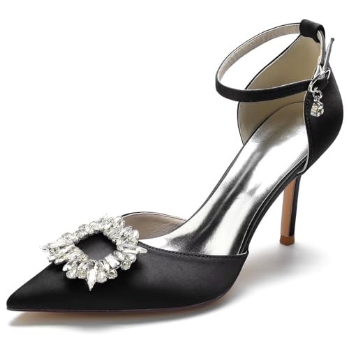 Women's Closed Toe Rhinstone Brooch Wedding Low Heel Bridal Shoes for Women Satin Dress Pumps