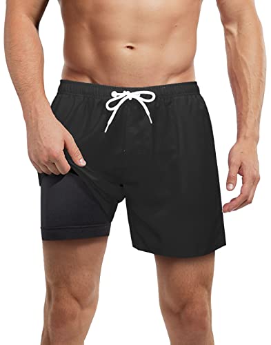 Traje de baño para hombre con forro de compresión, antirozaduras, sin malla, cómodo, con forro de 5/7 pulgadas de entrepierna, Negro, Medium