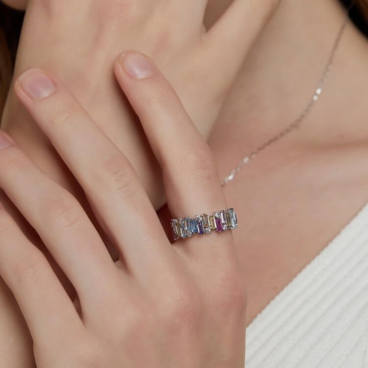 WES 925 Sterling Silver Colorful Rainbow Cubic Zirconia Eternity Rings for Women, Size 6-8 - Image 7