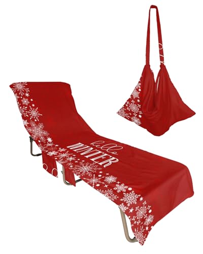 Hello Winter Beach Chair Towel Covers for Chaise Lounge with Side Pocket, Soft Plush Pool Towels Cover for Patio Sunbathing Outdoor 29''x85'' Christmas Snowflake Red White