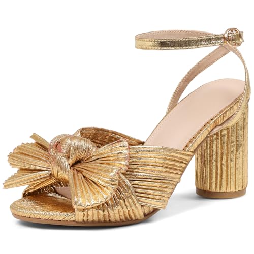 VIMISAOI Womens Bow Knot Gold Heels for Women Open Toe High Block Chunky Heels Ankle Buckle Strap Pleated Bride Wedding Party Dress Heeled Sandals for Women 2026
