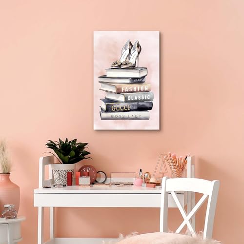 Image of HILL WEST Pink Modern Canvas Wall Art - Glam Fashion Magazine Picture Prints Stacked Book & High Heels Painting Contemporary Artwork for Girl's Room Bedroom