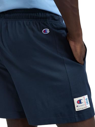 Image of Champion Men's Graphic Lounge Shorts, Standard Fit, 7 Inch Inseam, Script Logo, Lightweight 100% Cotton Jersey