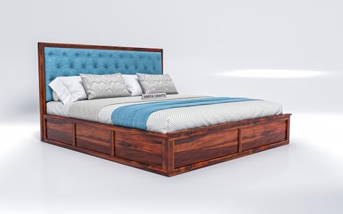 Image of Wooden Double Size Bed with Box Storage for Bedroom, Blue Upholstered Cushioned Headboard, Solid Sheesham Wood, Natural Finish, Mattress Size: 78 X 48 in