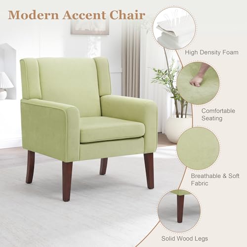 Image of Accent Chairs Set of 2, Mid-Century Reading Chair with Wood Legs, Upholstered Comfy Living Room Chair for Bedroom, Apartment, Waiting Room, Green